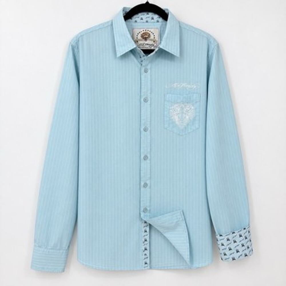 Ed Hardy Mens Button Up Shirt Baby Blue Embroidered Skull Spell Out Size Large